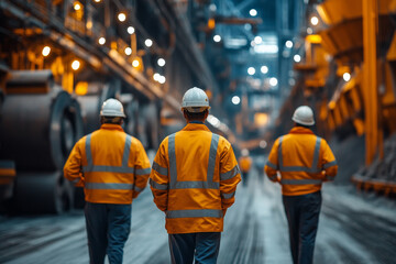Workers in safety gear walking in industrial setting