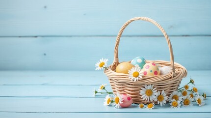 Easter basket with colorful decorated eggs