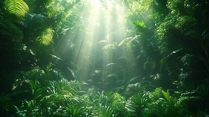 Luminous sunlight pierces vibrant green jungle foliage creating a mystical atmospheric scene. AI Generated