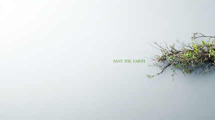 a branch with green leaves on a light grey background with the words "save the earth" in green text.