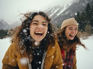 happy Friends enjoying snow on background of mountains. having fun spending winter vacation in mountains Travel in winter