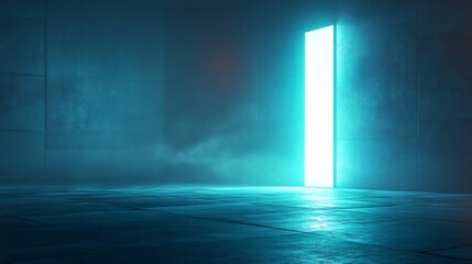 Glowing cyan door mysteriously beckons in dark smoky room. AI Generated