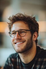 Obraz premium Smiling Young Man with Glasses and Short Beard, Displaying Happiness and a Cheerful Demeanor