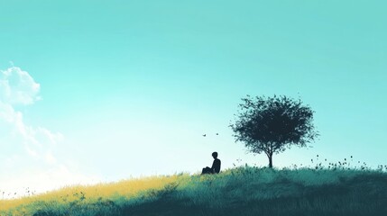 Person sitting in peaceful place bright day clean background  copy space