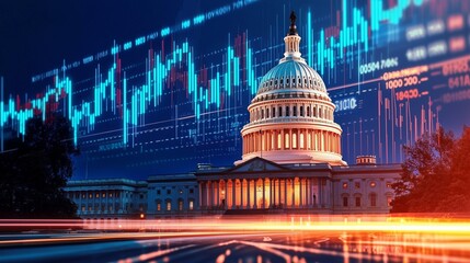Us capitol with financial data lines symbolizes government and economic influence.