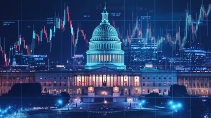 Us capitol with stock market graphs symbolizes economic policy and financial decisions.