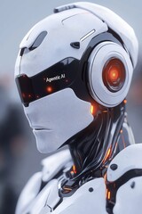 Fototapeta premium Futuristic Robot Head with Agentic AI Tech - Advanced Digital Intelligence Concept