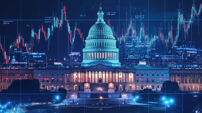 Us capitol with stock market graphs symbolizes economic policy and financial decisions.