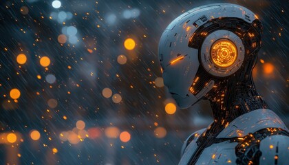 Agentic AI Robot in Rainy Cityscape - Futuristic Autonomous System Concept