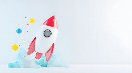 Fototapeta premium Colorful Rocket Launching with Clouds and Bubbles in Background