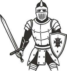 Fototapeta premium Medieval knight in armor with sword and shield, black and white illustration