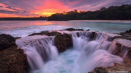 Vibrant Pink And Orange Sunset Over Tropical Waterfall And Ocean