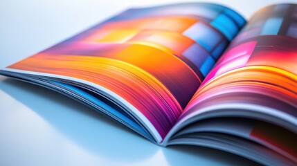A sleek, modern brochure and catalog, their pages adorned with a vibrant design, lay open on a white surface, inviting viewers to explore their contents and discover the wonders within.