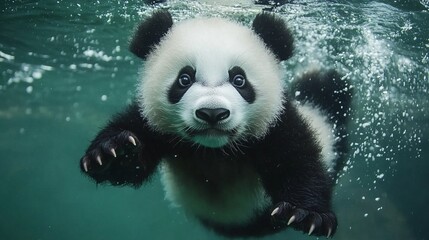 Obraz premium Panda Swimming In Clear Water. Cute Animal Underwater, Wildlife Moment.