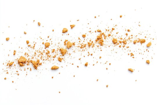 Scattered crumbs of crushed cookie on white background.