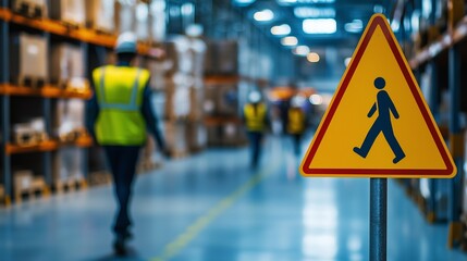 Warehouse with safety sign indicating pedestrian crossing, emphasizing safety protocols.