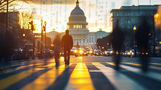 Silhouetted figures walk towards the us capitol, symbolizing american democracy and political journey.