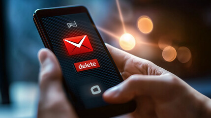 Mobile Phone Spam Scam Warning, message alert virtual on mobile phone screen in person hand, Ai