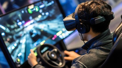 Virtual reality gaming setup with a player immersed in a digital world, surrounded by vibrant graphics