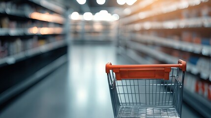 Shopping cart stands empty in spacious aisle, illuminated by sof
