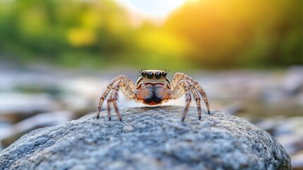Jumping spider on rock, river background, sunset