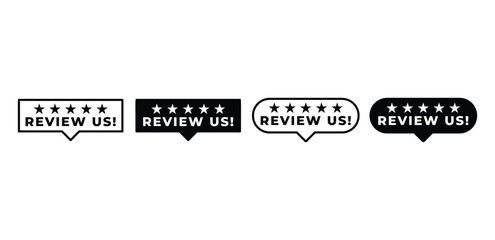 review us speech bubble chat banner label with star symbol icon vector design black white color simple flat illustration template set