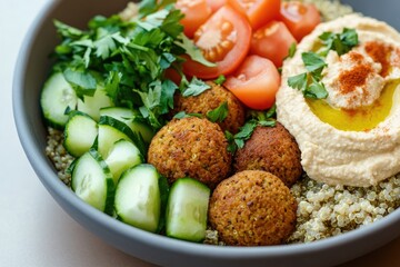 Colorful bowl filled with fresh vegetables, falafel, creamy humm