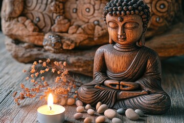 Fototapeta premium Serene Buddha statue surrounded by calming stones and soft candl