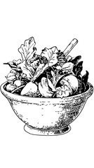 Garden salad bowl with fresh vegetables and herbs in linocut style vector illustration on a transparent background