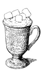 Hot beverage with marshmallows in a decorative cup featuring intricate designs on a transparent background