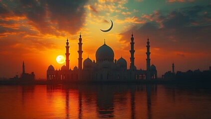 Grand Mosque at Sunset with Crescent Moon and Reflective Water