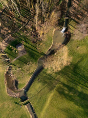 Aerial view of Langton Beck as it runs though the estate of Langton Hall in North Yorkshire in the northeast of England.