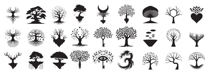 Abstract contour stylized tree, vector Decor Tree black silhouette clip art. Abstract tree icon isolated on white background. Tree silhouette symbo