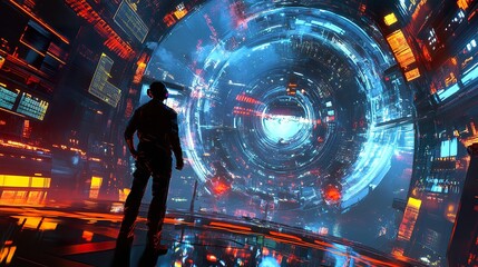 Virtual reality gaming setup with a player immersed in a digital world, surrounded by vibrant graphics