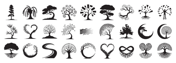 Detailed tree silhouettes of various trees on white background silhouette tree set highly detailed tree silhouette set