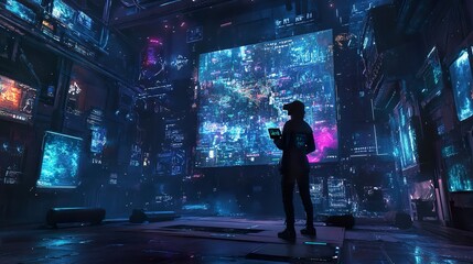 Virtual reality gaming setup with a player immersed in a digital world, surrounded by vibrant graphics