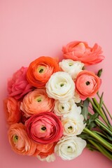 Vibrant bouquet of ranunculus flowers in soft hues against pink
