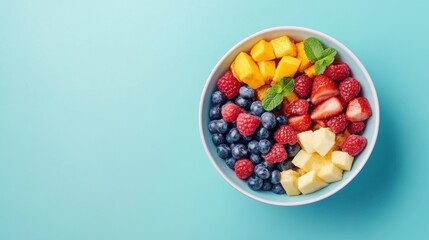 Vegan breakfast bowl bright background clean layout  copy space