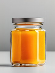 Bright orange liquid in clear jar reflects warmth and freshness,