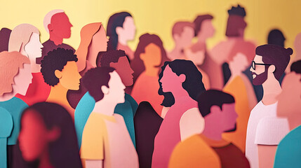 A paper cut artwork depicting a diverse crowd of people. The figures are carefully crafted with unique shapes and sizes, representing a variety of backgrounds and cultures