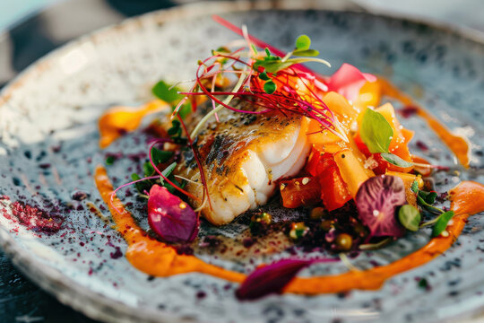 close up horizontal image of a colorful and fancy fish dish served in a fine dining gourmet restaurant
