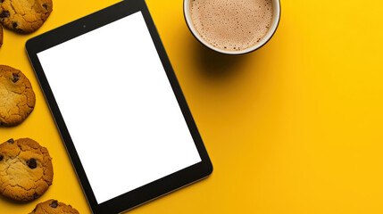 A stylish tablet sits on a yellow table next to a cup of coffee and cookies. A mockup of a tablet with an empty white screen. The concept of relaxation and leisure. A sweet snack. Online shopping