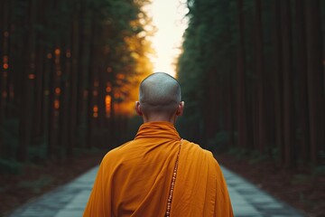 Monk in orange robe walking along serene forest path, bathed in