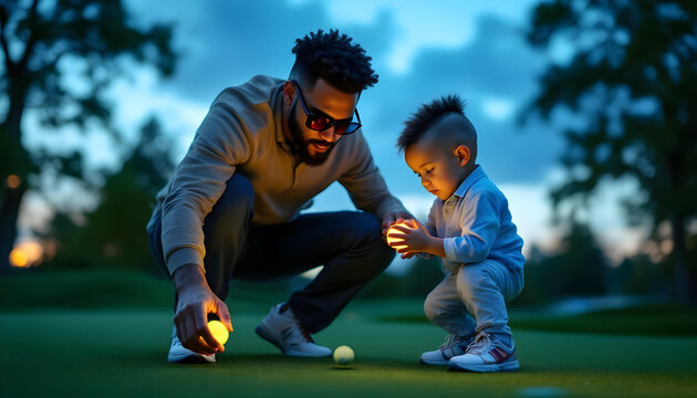 A father and son bonding over golf, with the father teaching the child how to swing the club on a practice green, capturing the joy of learning and family connection.
