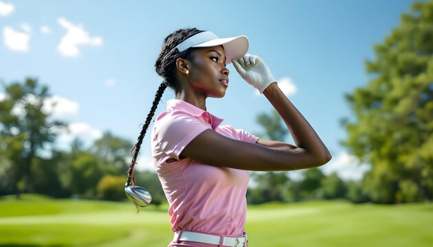 A female golfer in stylish sportswear, adjusting her visor while standing on a green with a golf club in hand, exuding confidence and elegance on the course.
