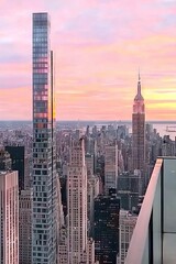 Obraz premium The city's highest building offers a unique perspective on the New York sunset, with dazzling sunlight illuminating Manhattan and the Hudson River, symbolizing the impressive architectural landmark