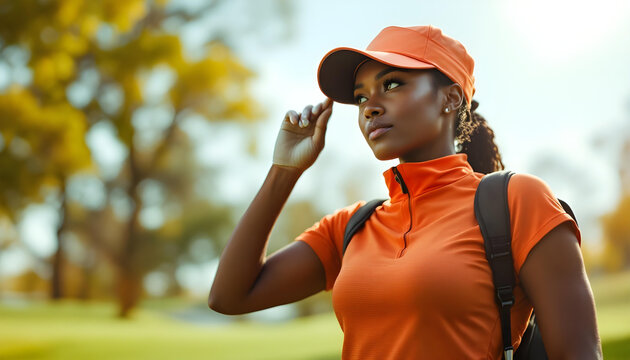 A female golfer in stylish sportswear, adjusting her visor while standing on a green with a golf club in hand, exuding confidence and elegance on the course - Powered by Adobe