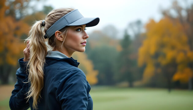 A female golfer in stylish sportswear, adjusting her visor while standing on a green with a golf club in hand, exuding confidence and elegance on the course.
