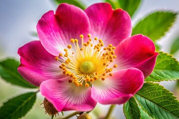 Close-up of a Vibrant Rose Hip Flower, Detailed Botanical Photography