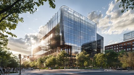 Fototapeta premium Eco-conscious architecture is exemplified in the modern city through the integration of green trees and sleek office buildings, highlighting a business approach that prioritizes the environment